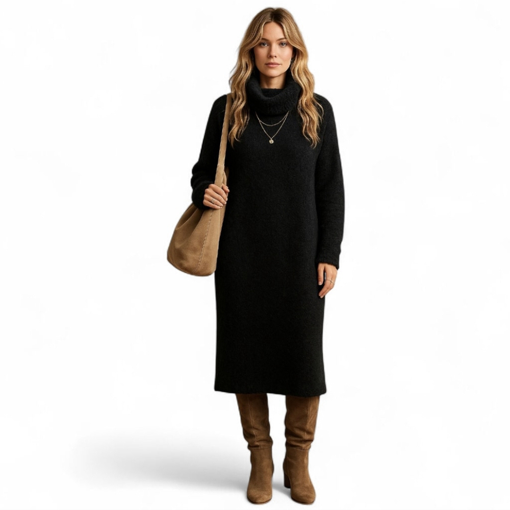 Banana Republic Fuzzy Black Cowl Neck Maxi Sweater Dress M | Cozy Fall Layering